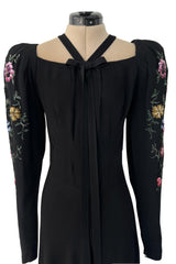 Prettiest 1920s Hickson Inc. Black Moss Crepe Dress w Tie Neck & Hand Sequinned Sleeves
