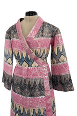 Incredible Fall 1970 Bill Blass Runway Pink Patterned Gold Metallic Thread Dress w Wide Sleeves