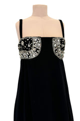 Sophisticated 1960s Donald Brooks Fine Black Wool Crepe Dress w Elaborate Rhinestone Detailing
