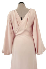 Prettiest Spring 1990 Yves Saint Laurent Pale Nude Pink Silk Plunge Runway Dress w Balloon Sleeves