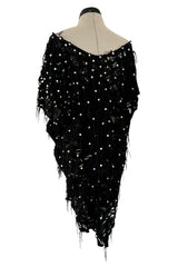 Rare 1980s Jan Faulkner Hand Made Black Suede Cut Out Mini Dress w Pearls & Fringe