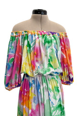 Prettiest 1970s Leonard Washed Floral Pastel Print Silk JerseyEasy -to-Wear Elastic Off Shoulder Dress