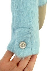 Fall 2019 Chanel by Karl Lagerfeld Pastel Baby Blue Knit Jacket w Handmade Snowflake Buttons