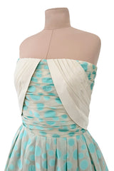 Dreamy Late 1960s Andre Laug Roma Alta Moda Couture Pale Turquoise Applied Dot Strapless Dress