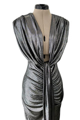 Fantastic 1990s Gianni Versace Metallic Silver Stretch Jersey Dress w Front Plunge & Long Tie