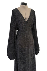 Fabulous 1970s Ossie Clark Metallic Silver & Black Lurex Knit Lame Plunge Dress