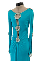 Spectacular Early 1970s Loris Azzaro Plunging Turquoise Silk Jersey w Open Rhinestone Rings
