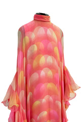 Hanae Mori Couture Fall 1973 Runway Pastel Coral Bird Print Silk Chiffon Ruffled Caftan Dress