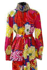 Fabulous 1970s Hanae Mori Bright Floral Print Jersey Pant & Top Set w Beading