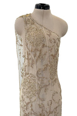 Exquisite Spring 1993 John Anthony Hand Beaded One Shoulder Dress on Pale Gold Silk Net