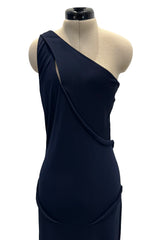 Minimalist 1990s Geoffrey Beene Deep Blue Silk Jersey One Shoulder Dress w Cut Out Details