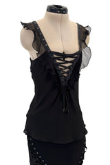 Spectacular Spring 2003 Christian Dior by John Galliano Bias Cut Black Silk Chiffon Lace Up Skirt & Top Set