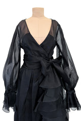 Prettiest 1970s Bill Blass Black Silk Organza Dress w Extensive Ruffle Detailing & Full Puff Sleeves