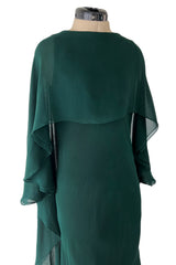 Fall 1975 Beautiful Halston Runway Flowing Deep Green Silk Chiffon w Low Back Plunge