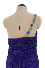 Fall 1982 Mary McFadden Purple Pleated Dress w Elaborate Beaded Gold Cord Shoulder