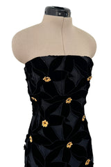 Spectacular 1980s Hubert de Givenchy Haute Couture Velvet Floral Cut Out Dress w Gold Metal Flowers
