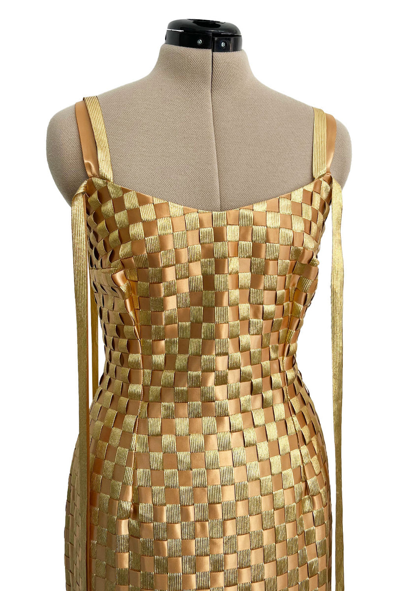 Extraordinary & Rare Fall 1995 Todd Oldham Runway Gold Metallic Woven Ribbon Dress
