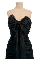 Prettiest Spring 1985 Chloe by Karl Lagerfeld Black Silk Organza Strapless Dress w Bow Detailing