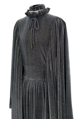 Spectacular 1970s Gina Fratini Metallic Deep Silver Lame Dress w Ruffle Collar & Angel Sleeves
