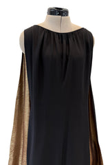 Striking Fall 1976 Chloe by Karl Lagerfeld Runway Documented Black Silk & Metallic Gold Caped Back Panel Dress