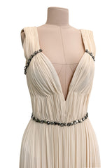 Incredible Fall 2007 Roberto Cavalli Ivory Pleated Silk Jersey Dress w Front Plunge & Rhinestones
