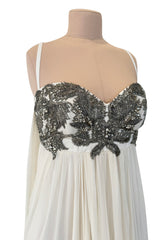 Incredible 2022 Alexander McQueen by Sarah Burton Ivory Silk Chiffon Dress w Heavily Detailed Bodoice
