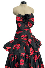 Specatacualr circa 1995 Nina Ricci Demi-Couture Strapless Floral Silk Taffeta Dress w Bow Detailing