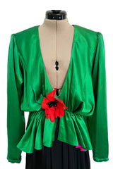 Incredible Spring 1990 Yves Saint Laurent Runway Brilliant Green Jacket w Pink Lining & Black Skirt Set
