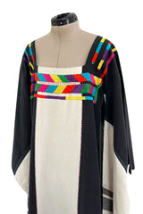 1960s Josefa Hand Embroidered Natural Linen & Black Caftan Dress W Incredible Sleeves