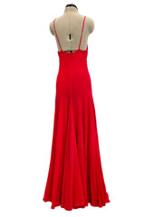 Superb Spring 1977 Halston Runway Bias Cut red Silk Chiffon Dress w Original Cape Shawl