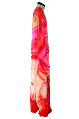Incredible Spring 1978 Hanae Mori Brilliant Pink & Coral Sunset & Floral Caftan Dress & Cape Overlay