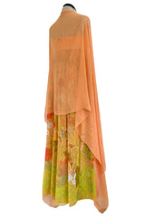 Gorgeous 1968 Hanae Mori Strapless Pastel Peach Floral Print Chiffon & Silk Dress w Shawl