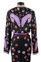 Rare Spring 1979 Chloe by Karl Lagerfeld Floral & Stripe Print Silk Dress w Matching Striped Belt