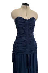 Fall 1985 Yves Saint Laurent Runway & Ad Campaign Blue Silk Jersey Tasselled Corset & Skirt Set