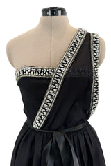 Incredible 1970s Givenchy Demi-Couture One Shoulder Silk Gazaar Dress w Rhinestones Edging