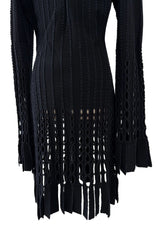 Important & Rare Fall 1993 Azzadine Alaia Black Ribed Knit Laser Cut Out & Fringe Dress