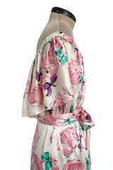 Dreamy Spring 1987 Yves Saint Laurent Off Shoulder Pink Feather & Bow Print Silk Dress