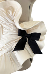 Rare 1980s Pierre Cardin Haute Couture Ivory Silk One Sleeve Ruffle Top w Black Silk Bow