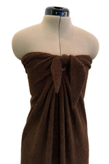 Ultra Rare 1976 Halston Iconic Front Tying Easy to Wear Column Dress in a Bias Cut Chocolate Brown Terry Cloth
