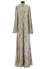 Exceptional 1970s George Stavropoulos Couture Bias Cut Grey Ribbon Silk Chiffon Dress w Sash