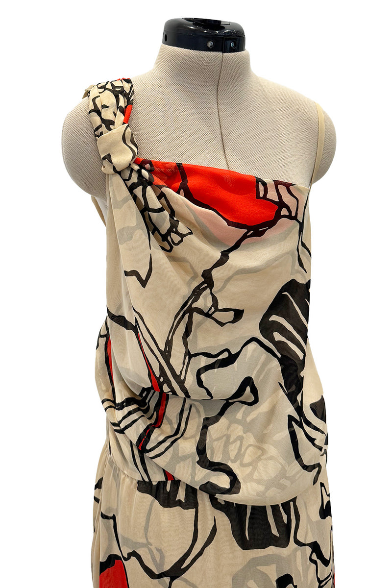 Gorgeous Early 2000s Valentino Roma Bias Cut Floral Print Dress w Bright Pops of Coral Red