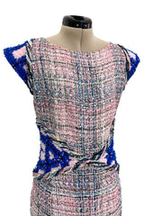 Incredible Spring 2018 Chanel by Karl Lagerfeld Runway Look 8 Pink & Blue Metallic Boucle Dress