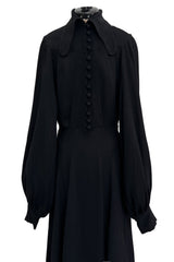 1969 Ossie Clark Bishop Sleeve Black Moss Crepe Dress w Button Front & Dog Ear Collar
