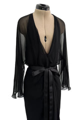 Minimalist Mid-1970s Halston Black Bias Cut Silk Chiffon Wrap Dress w Wide Sleeves