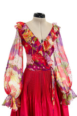 1972 Yves Saint Laurent Red Floral Silk Chiffon & Red Silk Dress w Balloon Sleeves & Pleat Detailing