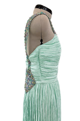 Incredible 1980s Mary McFadden Couture Pastel Teal Green Pleated Dress w Hand Beading