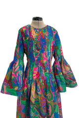Important 1971 Pierre Cardin Couture Silk Organza Bell Sleeve Dress w Flat Pleated Bodice & Sleeves