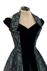Spectacular 1940s Lilli Ann Teal & Brown Brodace & Velvet Dress w Looped Lame Detailing