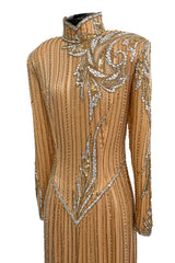 Incredible 1980s Bob Mackie Beaded, Sequin & Rhinestone Detailed Peach Silk Dress