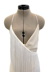 Recent Givenchy Ivory Crepe Silk Wrapped Angled Hem Dress w Cascading White Fringe